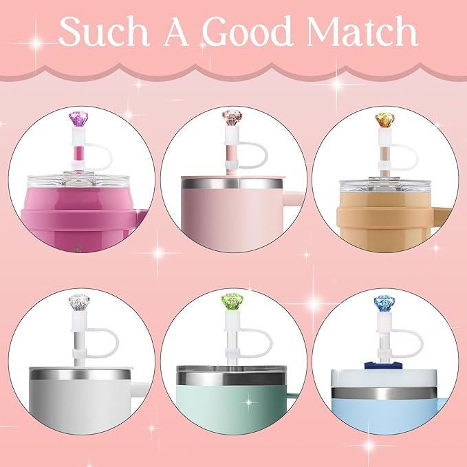 Diamond Straw Cover Cap for Stanley Cup Accessories 30 40 oz,10mm Cute White Silicone Straw Toppers for Tumbler 1