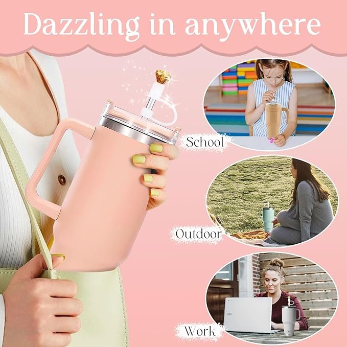 Diamond Straw Cover Cap for Stanley Cup Accessories 30 40 oz,10mm Cute White Silicone Straw Toppers for Tumbler 3