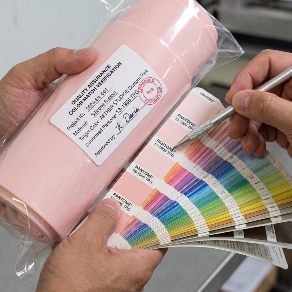 B2B Silicone Manufacturing Guide 3 Person comparing color sample chart 202608111035