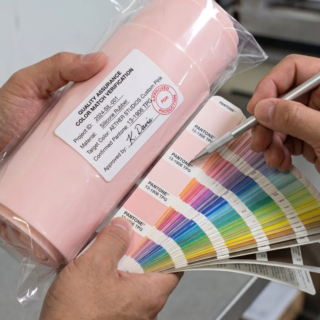 Person comparing color sample chart 202608111035